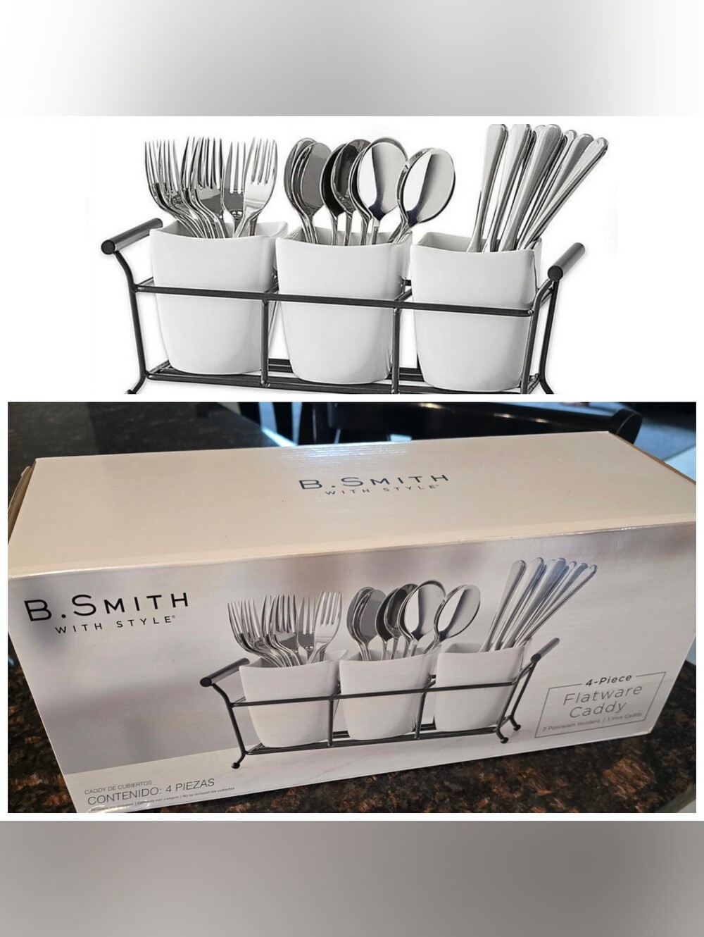 B. Smith 4-Piece Flatware Caddy with White Ceramic Utensil Cups